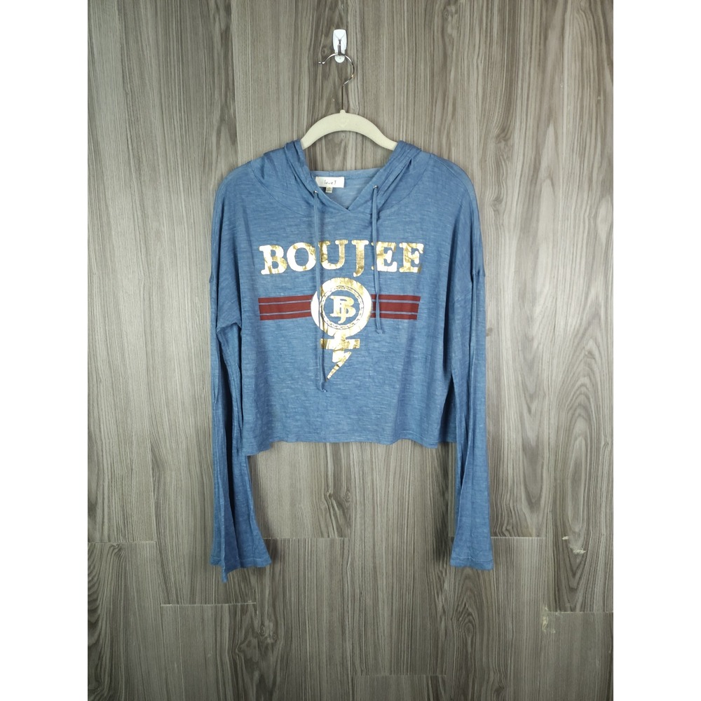 Love J Womens Blue Boujee Graphic Cropped Hoodie Sweatshirt Size Medium